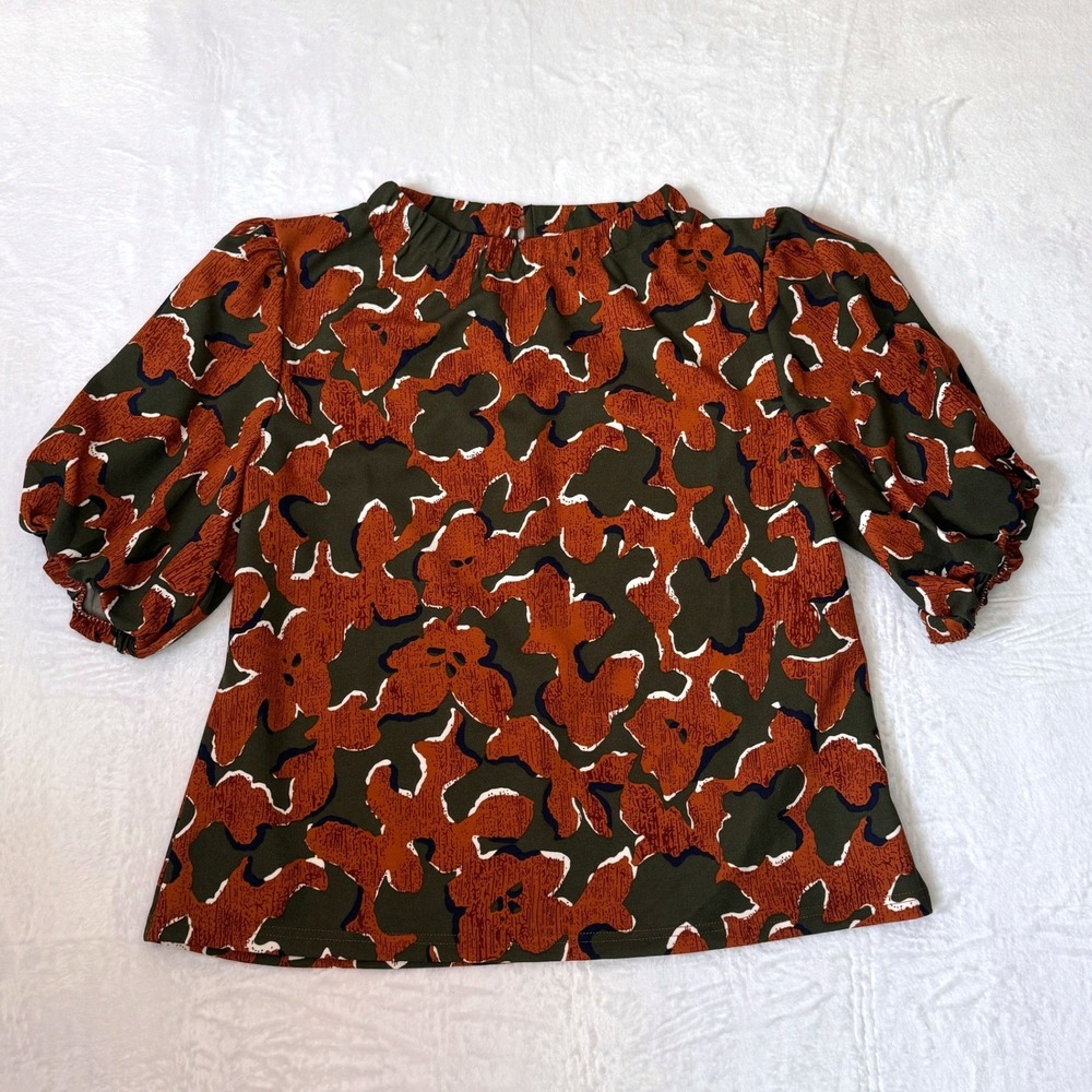 MELLODAY Womens Floral Elbow Gathered Sleeve High‎ Neck Cottage Core Blouse SZ L